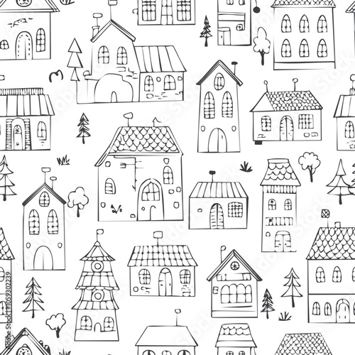 Wallpaper Mural Hand drawn house seamless pattern Torontodigital.ca