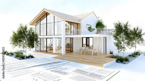 Modern house design with loan application documents and investment plans