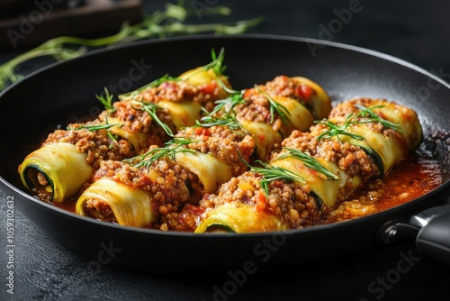 Zucchini tubes filled with meat and bulgur cooked in tomato sauce and mozzarella in a skillet against a dark backdrop