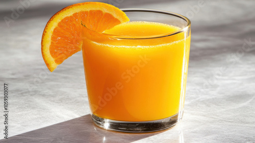 glass of freshly squeezed orange juice with slice of orange