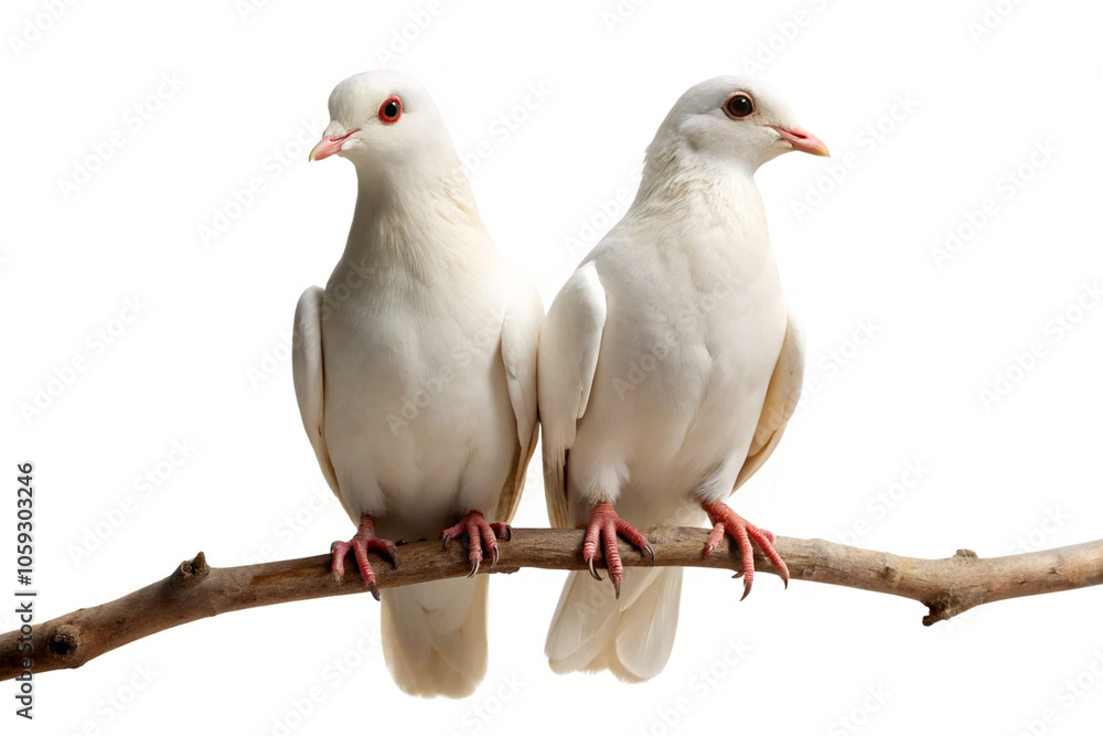 Pair of peaceful white doves sitting on branch, clear white backdrop. Pair of peaceful white doves sitting on branch, clear white backdrop.