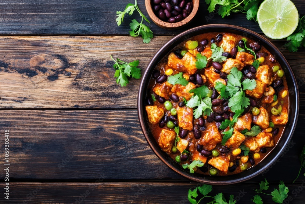 Top down view of chicken enchiladas and black beans on a dark wooden table Top down view of chicken enchiladas and black beans on a dark wooden table