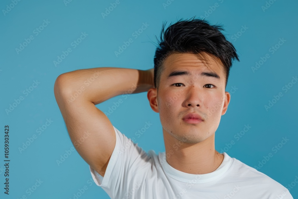 Young Asian man posing on blue background