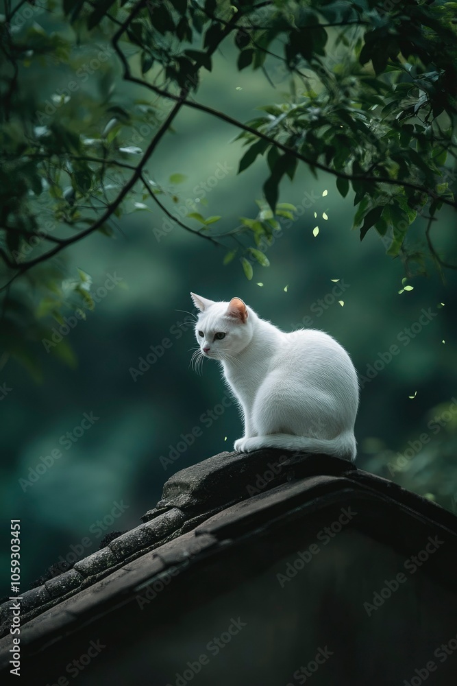 White Cat Sitting on Roof with Falling Leaves White Cat Sitting on Roof with Falling Leaves