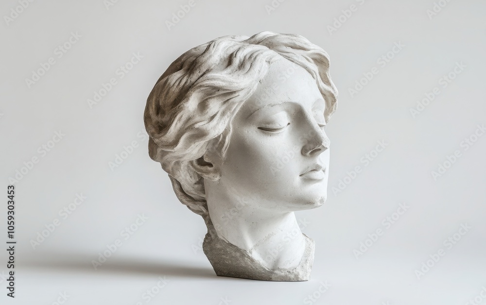 Elegant photograph of a plaster copy of Venus's head, positioned on a clean white background Elegant photograph of a plaster copy of Venus's head, positioned on a clean white background