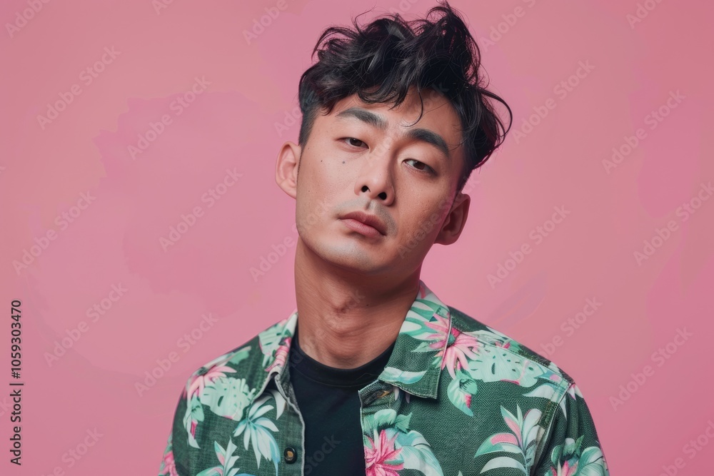Fototapeta premium Young Asian man posing on pink background
