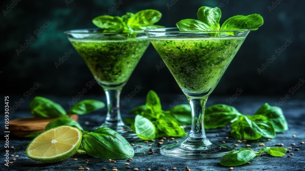 Two green cocktails with basil garnish. Two green cocktails with basil garnish.