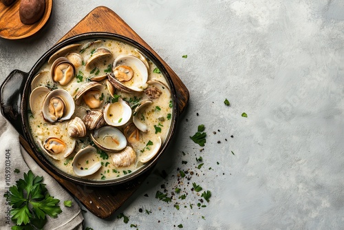 Top down view of clam chowder in a serving pan on a light grey granite surface photo