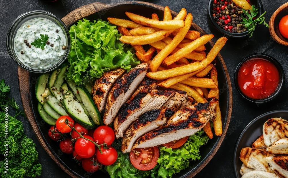 Top down view of Greek chicken gyros with veggies fries and tzatziki Top down view of Greek chicken gyros with veggies fries and tzatziki