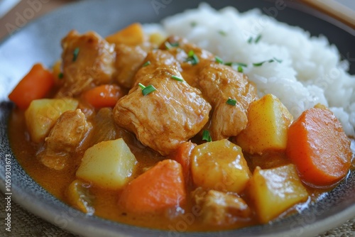 Top View Japanese Chicken Curry features tender chicken carrots and potatoes in a savory sauce served with rice and slices of chicken katsu