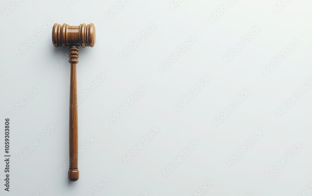 Minimalist presentation of one judge's wooden hammer, isolated on a pure white background Minimalist presentation of one judge's wooden hammer, isolated on a pure white background
