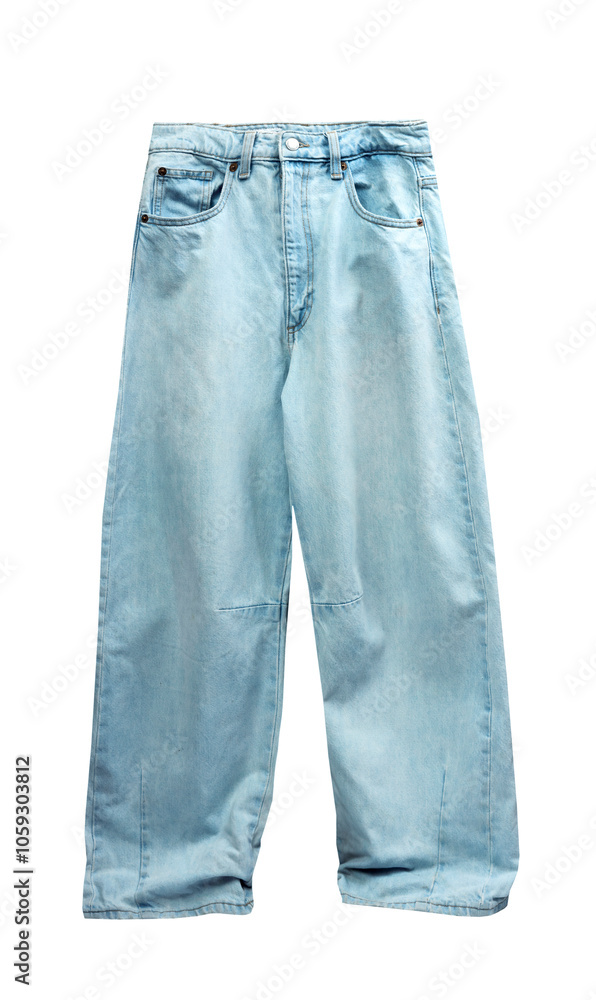 Trendy women's jeans isolated on white.Baggy, white leg jeans. Denim clothes object, nobody. Trendy women's jeans isolated on white.Baggy, white leg jeans. Denim clothes object, nobody.