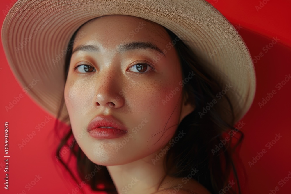 Young Asian woman with posing in studio with hat Young Asian woman with posing in studio with hat