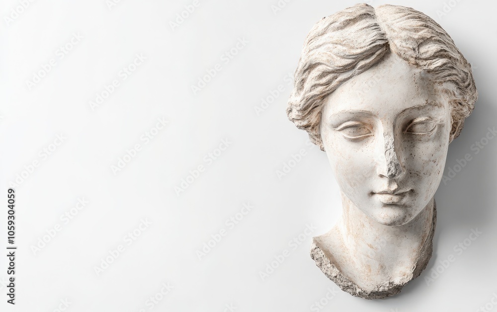 Minimalist presentation of one plaster copy of an ancient Venus statue's head, isolated on a pure white background; the simplicity of the scene highlights the statue's elegance and timelessness Minimalist presentation of one plaster copy of an ancient Venus statue's head, isolated on a pure white background; the simplicity of the scene highlights the statue's elegance and timelessness