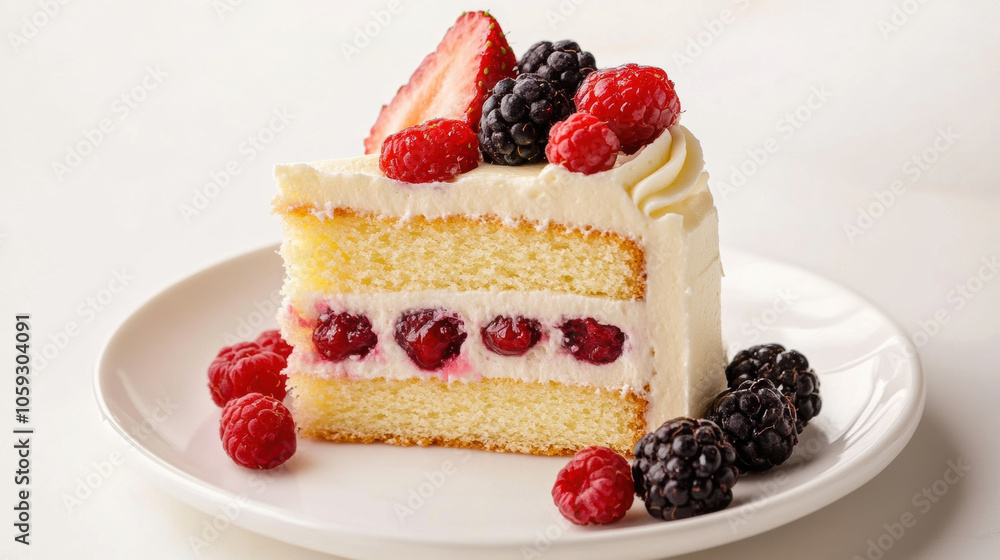 slice of cake with fresh berries on top, delightful treat slice of cake with fresh berries on top, delightful treat