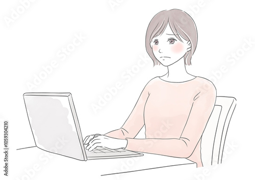 パソコン操作で悩み困っている女性の水彩風イラスト	
