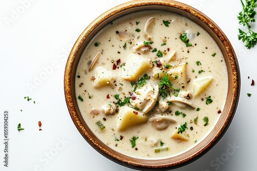 Top view of a creamy clam chowder bowl with potato pieces and herbs against a white backdrop