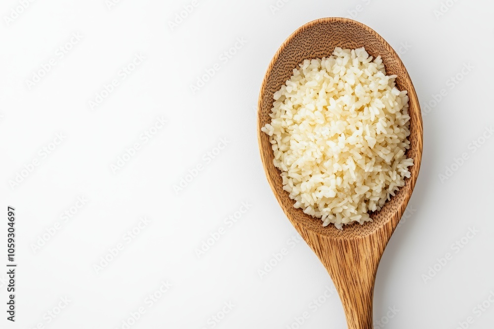 Top view of bomba rice in a wooden spoon on a white surface Organic Spanish rice for paella Top view of bomba rice in a wooden spoon on a white surface Organic Spanish rice for paella