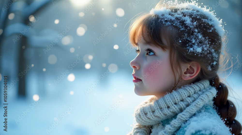 Portrait of a little girl wearing a hat and scarf covered in snow, looking in wonder at snowflakes in a winter landscape. Girl Looking at Snow with Wonder Expression in Winter. Portrait of a little girl wearing a hat and scarf covered in snow, looking in wonder at snowflakes in a winter landscape. Girl Looking at Snow with Wonder Expression in Winter.