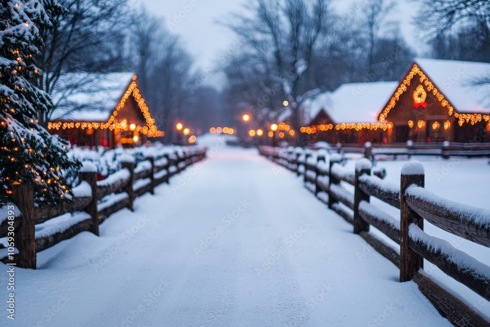 Fototapeta premium A serene winter scene featuring snow-covered paths and cozy cabins adorned with warm lights, evoking a magical holiday atmosphere.