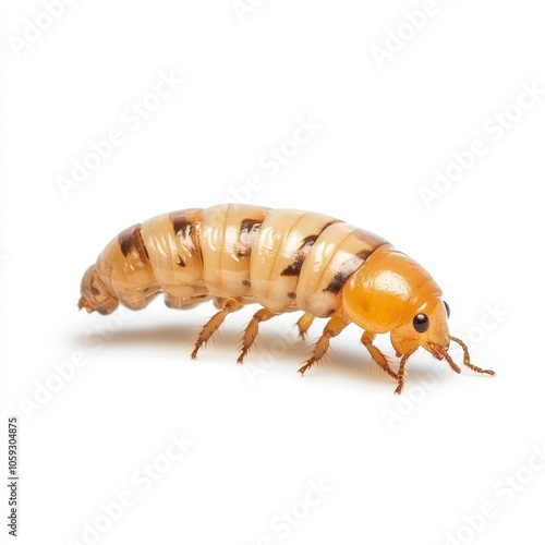 A tan and brown striped larva with six legs, showcasing a unique structure and coloration typical of certain beetles or insects. photo