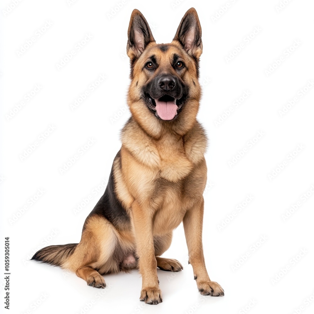 A cute German Shepherd dog sitting happily with its tongue out against a plain white background. A cute German Shepherd dog sitting happily with its tongue out against a plain white background.