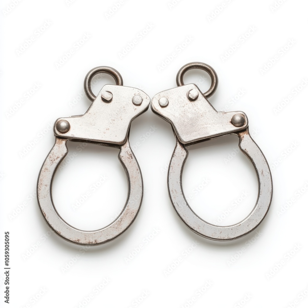Description: A pair of metallic handcuffs, often associated with law enforcement, security, and restraints. Description: A pair of metallic handcuffs, often associated with law enforcement, security, and restraints.
