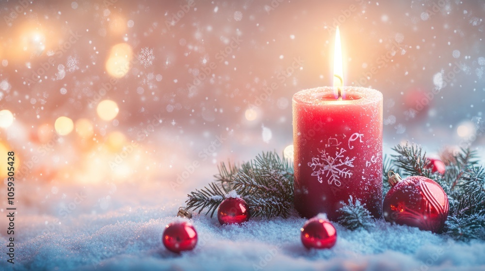Festive Red Candle with Pine Branches and Ornaments on Snow, Creating a Warm Christmas Glow with Bokeh Festive Red Candle with Pine Branches and Ornaments on Snow, Creating a Warm Christmas Glow with Bokeh