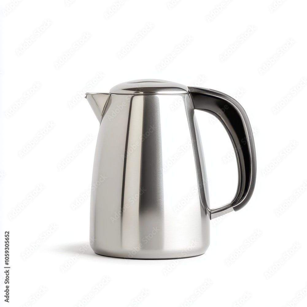 A sleek stainless steel kettle with a modern design, featuring a comfortable handle and a polished finish. A sleek stainless steel kettle with a modern design, featuring a comfortable handle and a polished finish.
