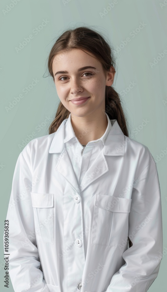 Young Female Doctor Smiling in White Lab Coat on Soft Mint Green Background for Professional Use Young Female Doctor Smiling in White Lab Coat on Soft Mint Green Background for Professional Use