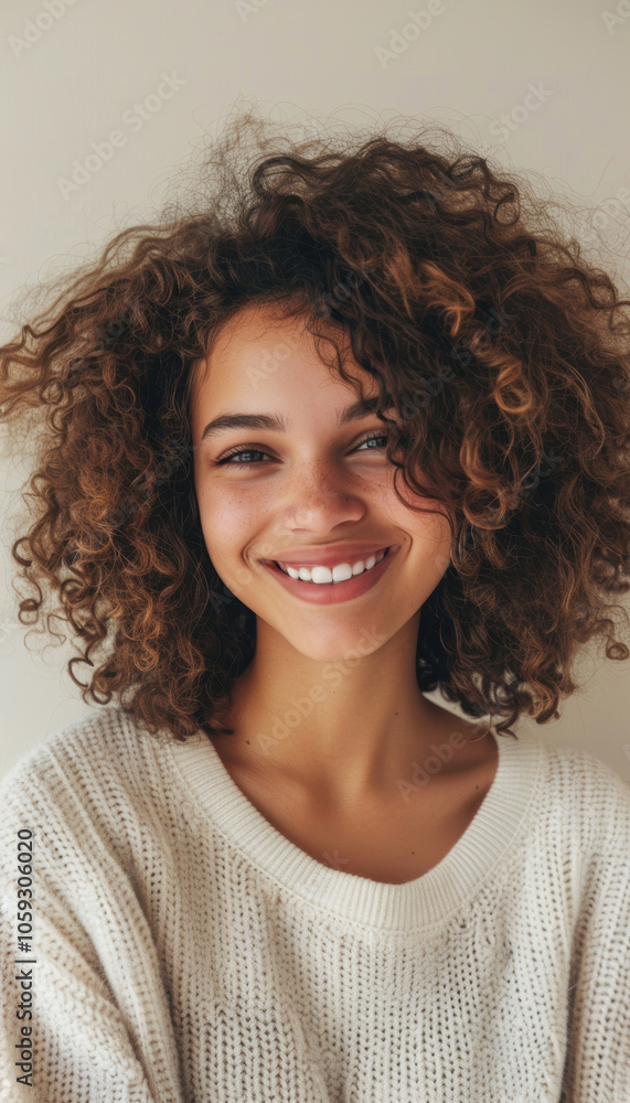 Warm Smiling Portrait of Young Woman with Curly Hair on Beige Background for Lifestyle Design Warm Smiling Portrait of Young Woman with Curly Hair on Beige Background for Lifestyle Design