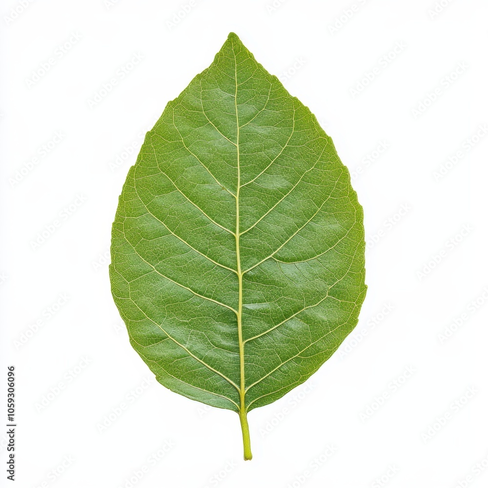 Obraz premium A single green leaf with a textured surface, showcasing its intricate veins and natural symmetry against a white background.