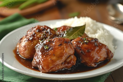 Traditional Filipino dish Chicken Adobo features chicken thighs in a soy sauce vinegar black pepper and bay leaf sauce Close up on a white plate with a green napkin backdro