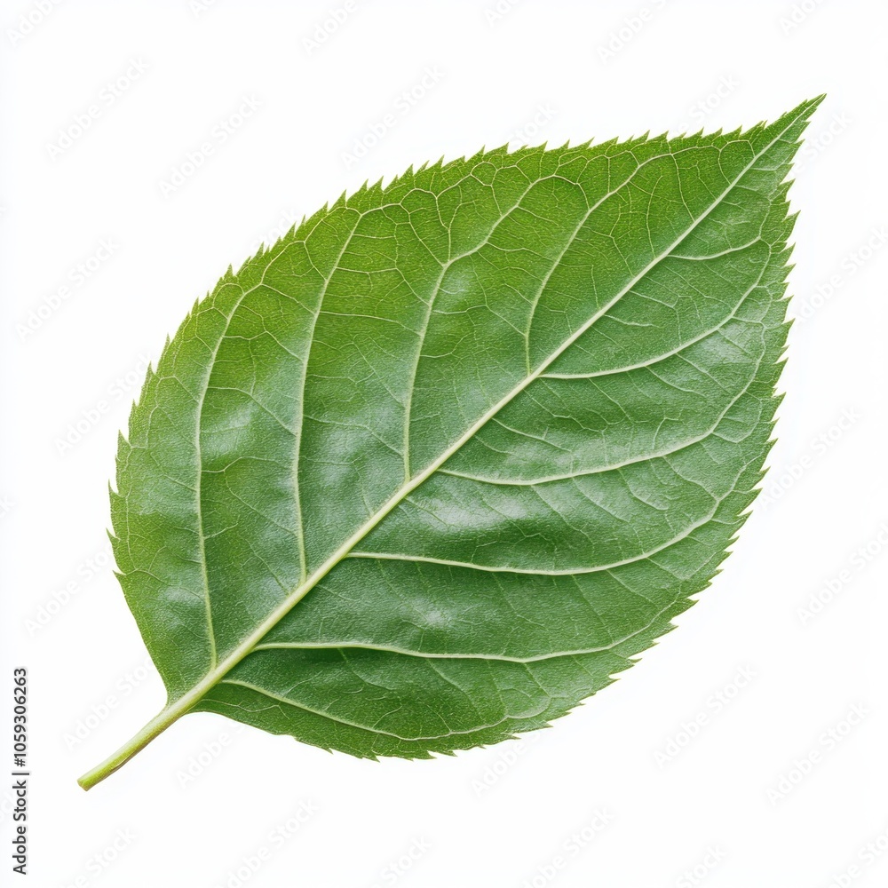 Obraz premium A single green leaf, showcasing its texture and vivid color, set against a white background, highlighting natural beauty and simplicity.
