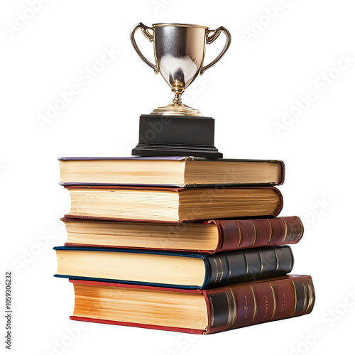 Stack of books with a trophy on top, symbolizing achievement in learning and education. transparent background