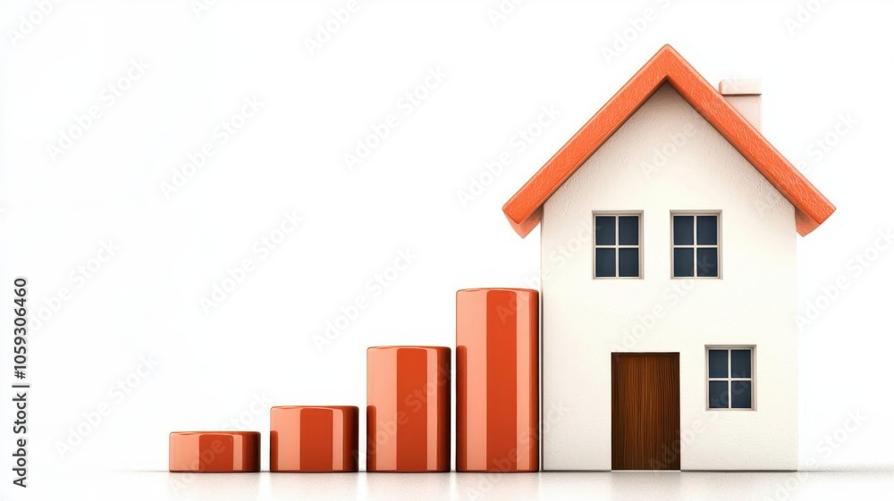 A house model with rising bars representing growth in real estate or property investment. Ideal for financial and housing concepts. A house model with rising bars representing growth in real estate or property investment. Ideal for financial and housing concepts.