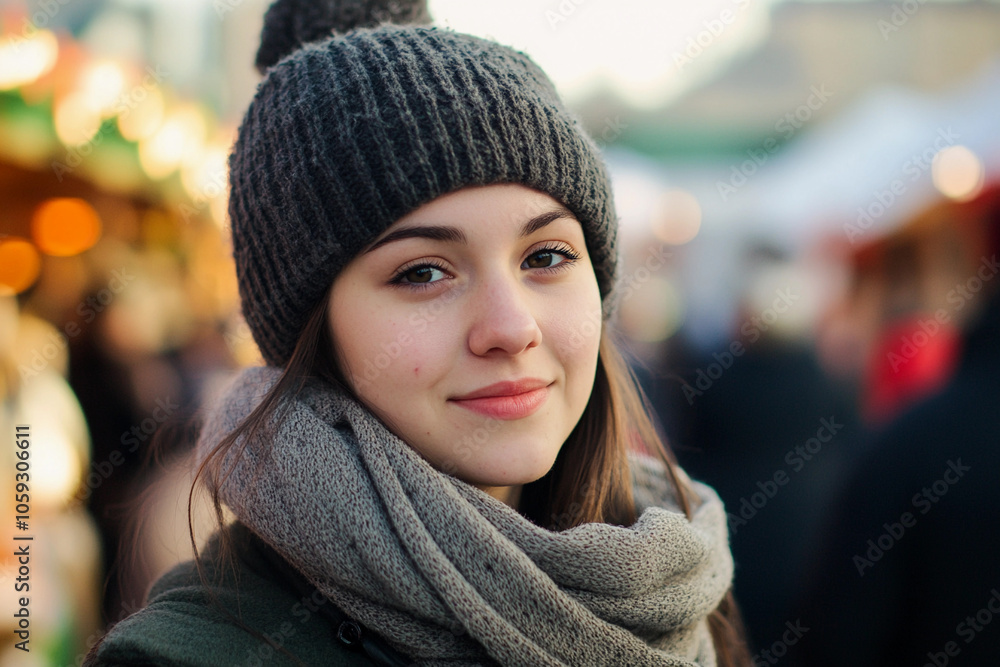 Young woman smiling at a festive market during winter Young woman smiling at a festive market during winter