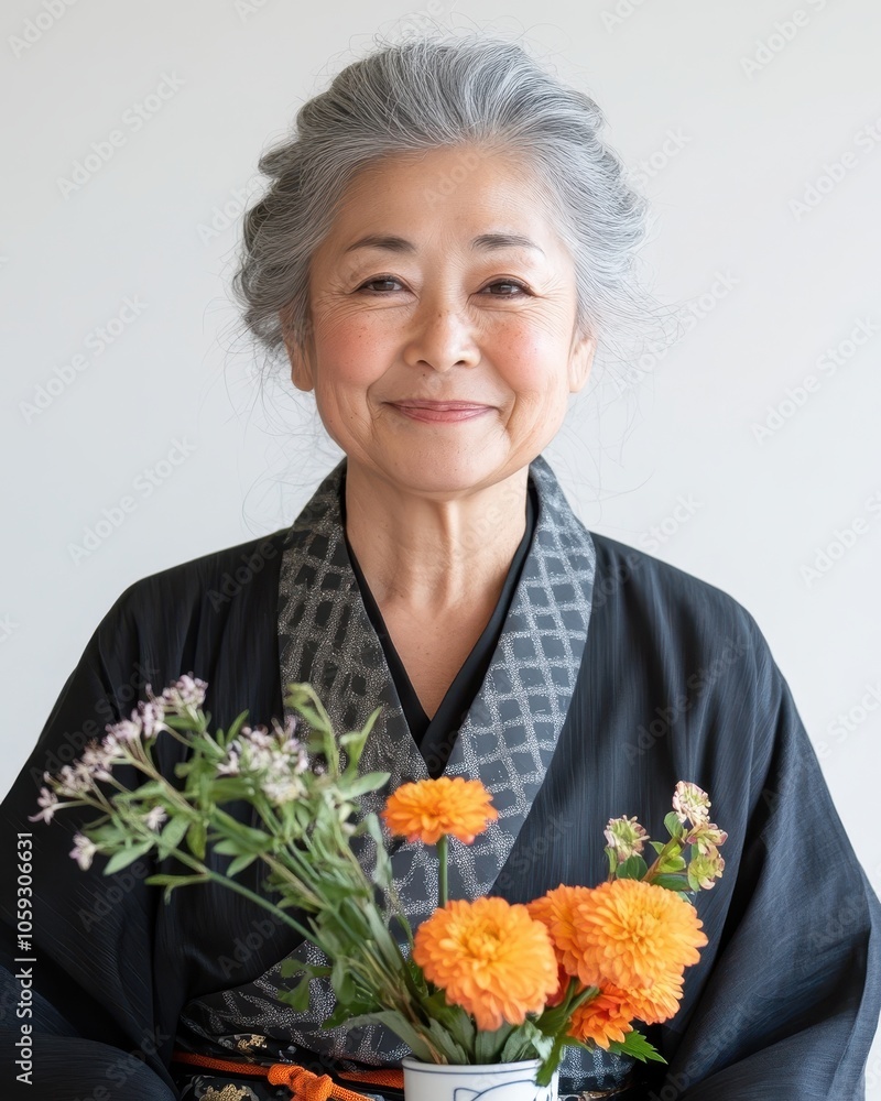 Japanese Housewife Arranging Fresh Flowers in Vase