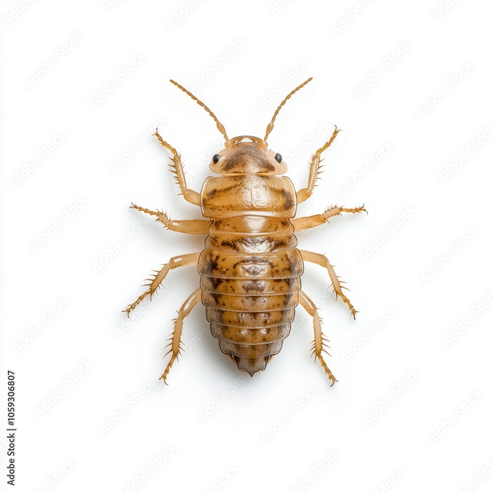 A brown insect with a segmented body and antennae, displayed on a white background, showcasing its detailed structure. A brown insect with a segmented body and antennae, displayed on a white background, showcasing its detailed structure.