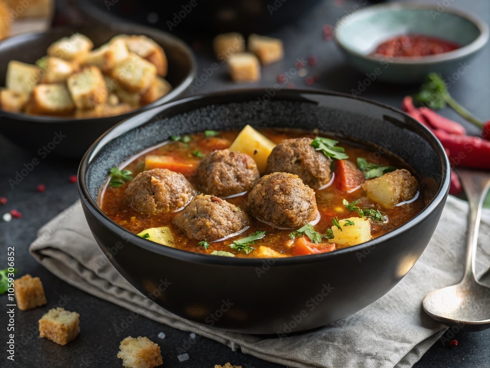 Delicious Meatball Soup in Black Bowl with Croutons - European Cuisine Flat Lay Delicious Meatball Soup in Black Bowl with Croutons - European Cuisine Flat Lay