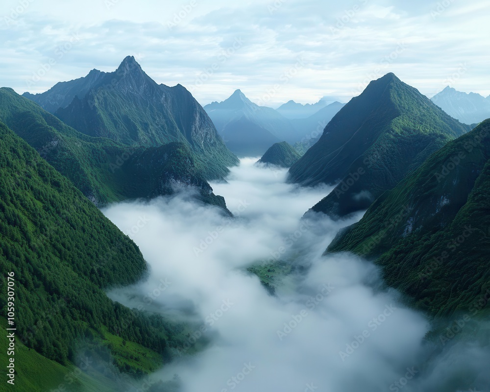 Fog rolling over mountain valley, aerial perspective, layered view, soft morning light, mountain mist, mystical, ethereal scene Fog rolling over mountain valley, aerial perspective, layered view, soft morning light, mountain mist, mystical, ethereal scene