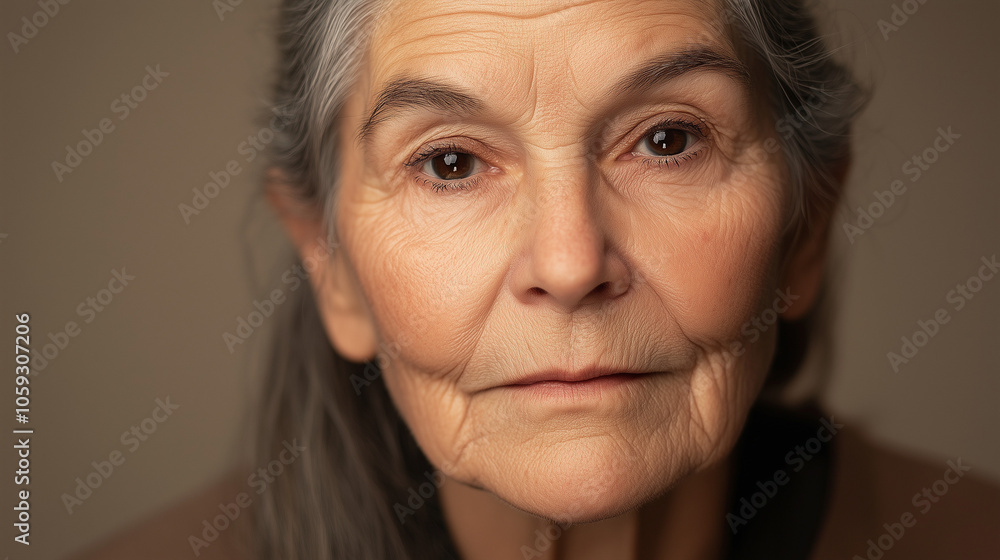Elderly Woman with Long Gray Hair and Compassionate Look Elderly Woman with Long Gray Hair and Compassionate Look