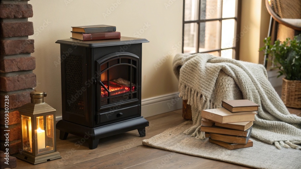 Miniature Electric Fireplace on Wooden Table Next to Books and Blanket Miniature Electric Fireplace on Wooden Table Next to Books and Blanket