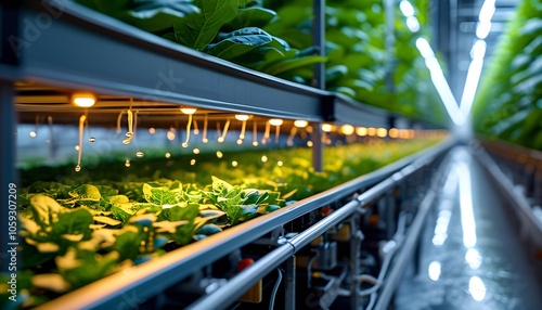 Modern Hydroponic Farming Rows with Green Vegetables and Futuristic Lighting