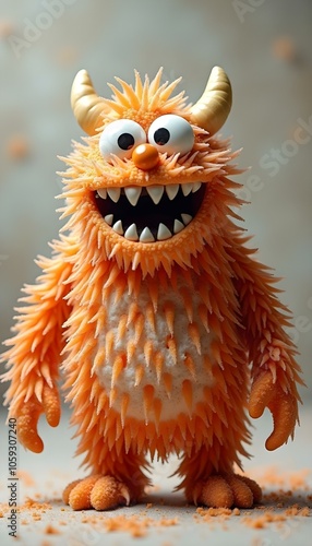 Orange Fuzzy Monster Cute Horns Grinning