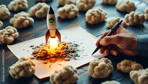 Hand Sketching a Rocket Surrounded by Light Representing Creativity and Innovation photo