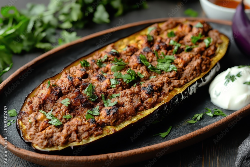 Turkish kebab featuring yogurt minced meat and roasted eggplant Turkish kebab featuring yogurt minced meat and roasted eggplant