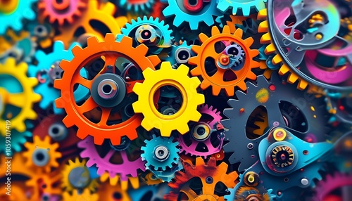 Colorful Gear Mechanisms Representing Collaboration and Technology Innovation