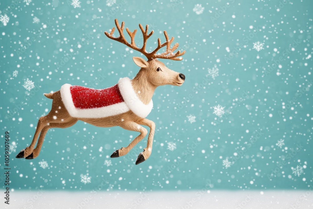 A festive reindeer in a Santa outfit leaps through falling snowflakes against a turquoise background, embodying holiday cheer. A festive reindeer in a Santa outfit leaps through falling snowflakes against a turquoise background, embodying holiday cheer.