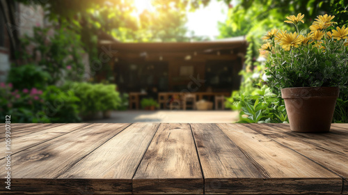 Rustic Wooden Table with Sunlit Garden Background for Outdoor Dining and Nature-Themed Designs. Generative ai